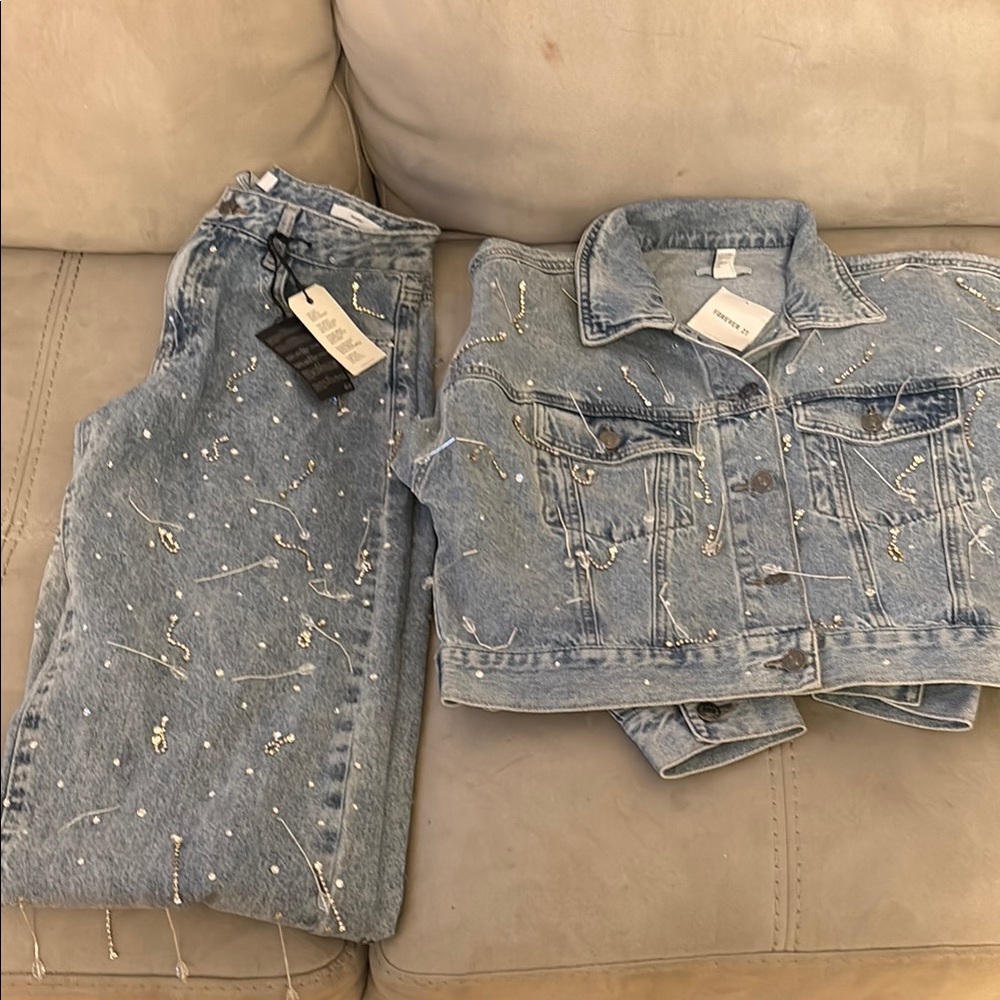 Forever21 Light Blue Denim Jacket and Jeans Set